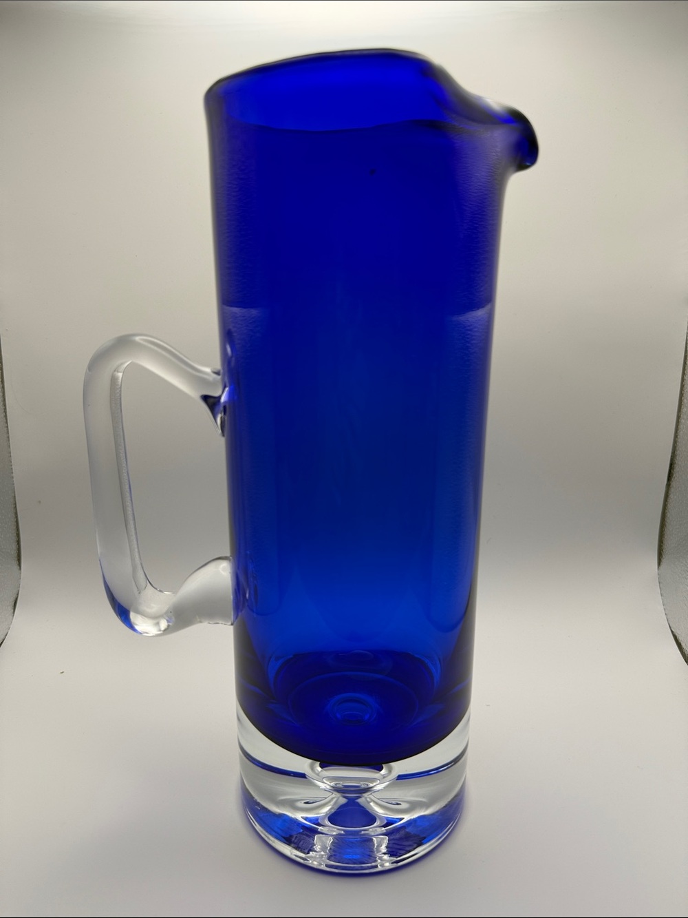 Block Stockholm Hand Blown Cobalt Blue Glass Pitcher Clear Handle Bubble in Base